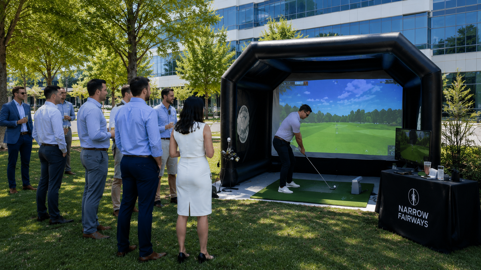 Corporate team building event with Narrow Fairways golf simulator