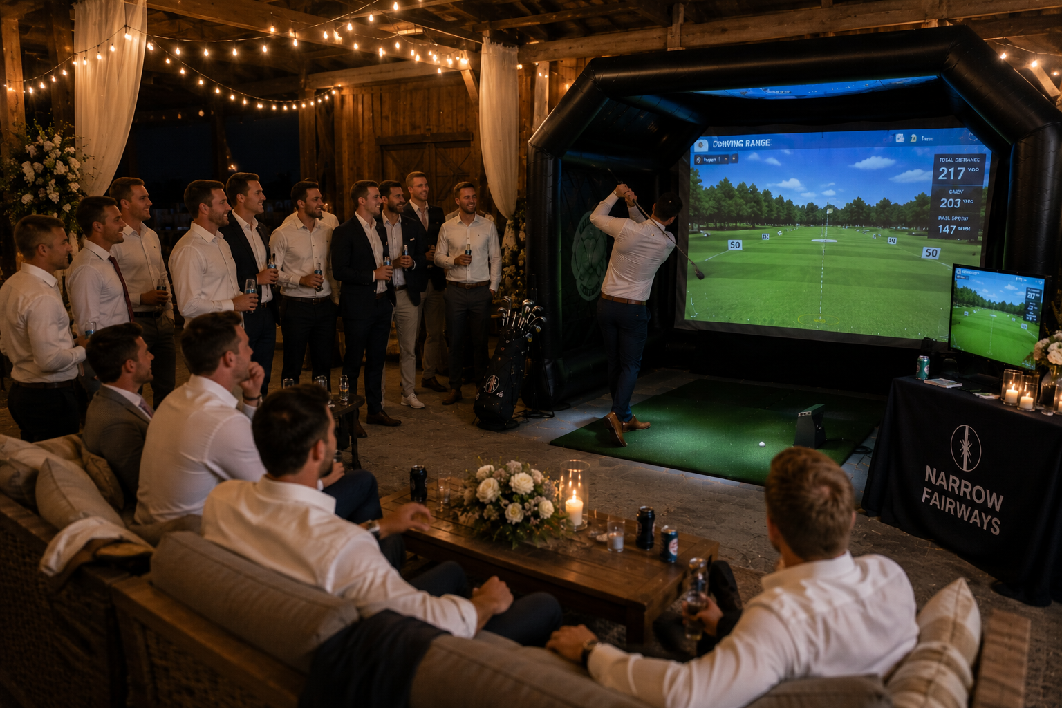 Wedding reception with Narrow Fairways golf simulator