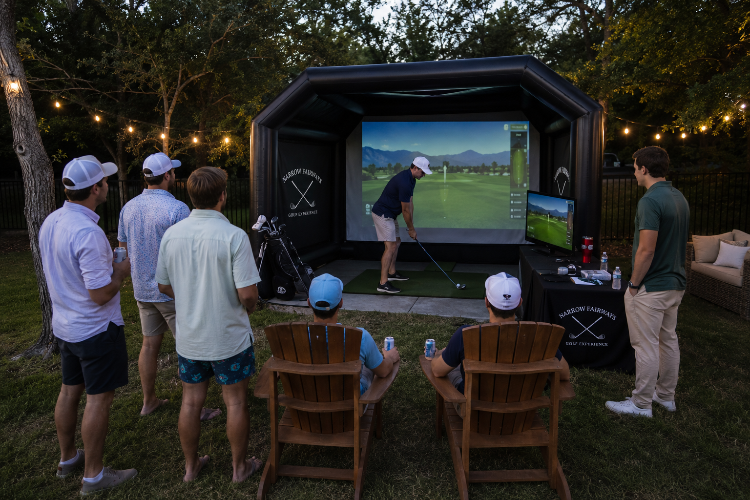 Private backyard party with Narrow Fairways golf simulator